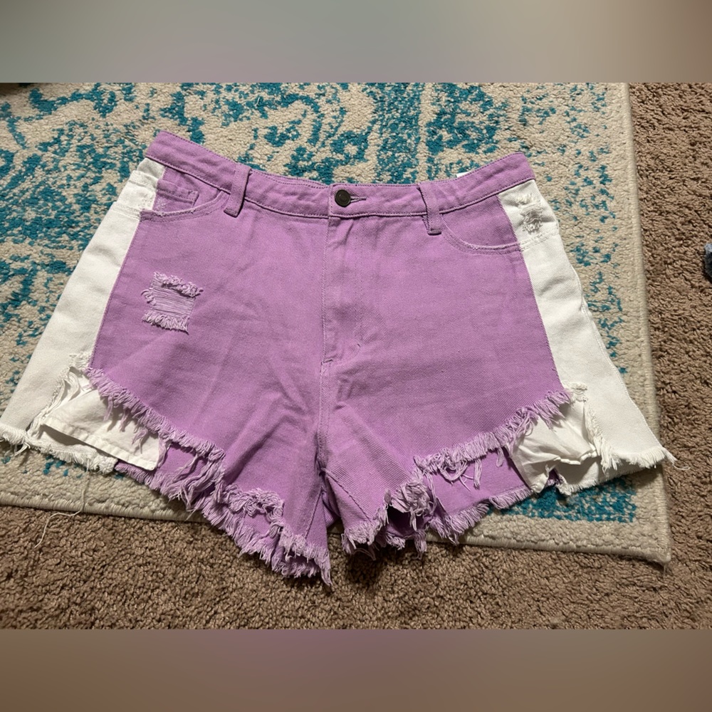 US 11 Purple/White Color Block Denim Shorts | Fashion Nova